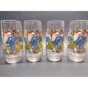 (4) Vintage HARMONY SMURF Smurfs Glasses 1983 Peyo Wallace Berrie Co.